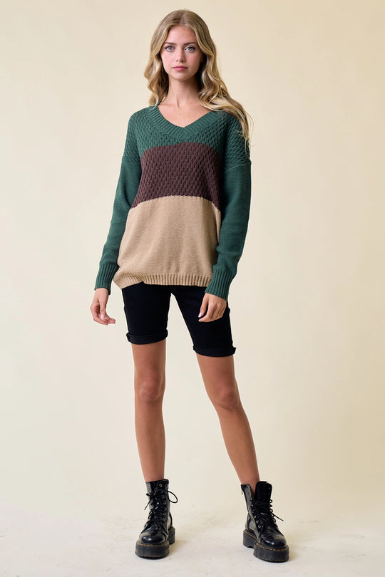 Color block V-Neck Knit Sweater Top