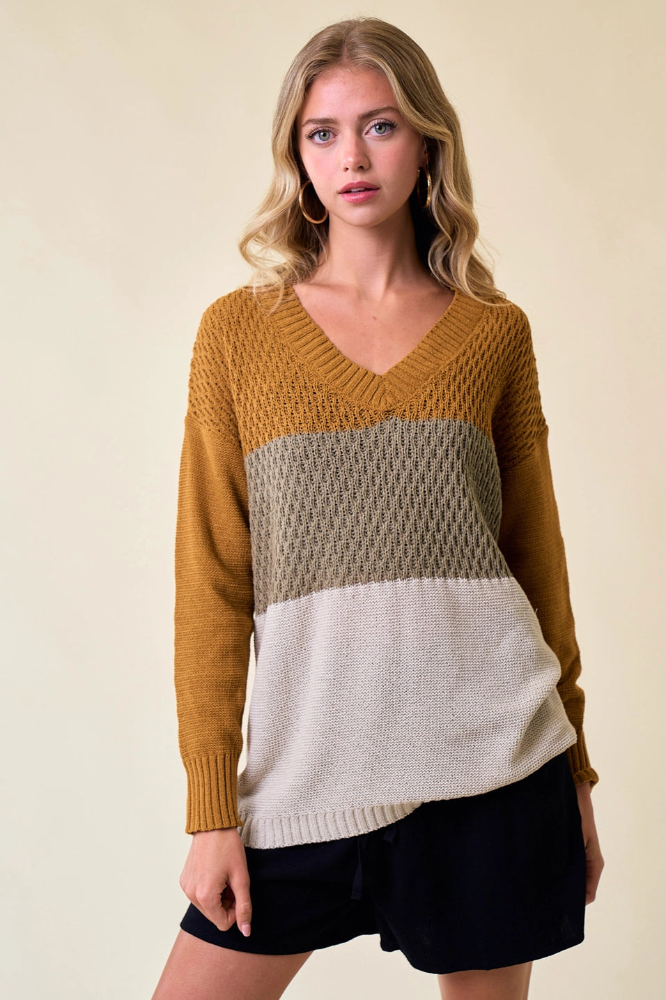 Color block V-Neck Knit Sweater Top