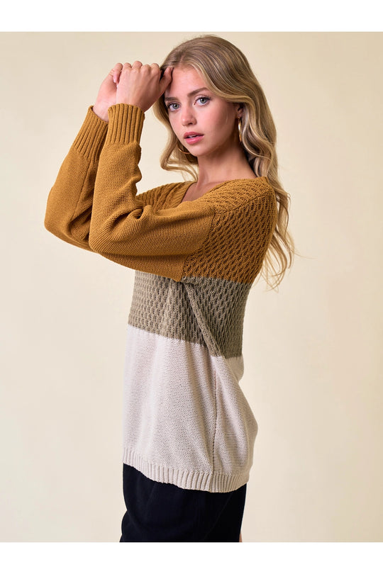 Color block V-Neck Knit Sweater Top