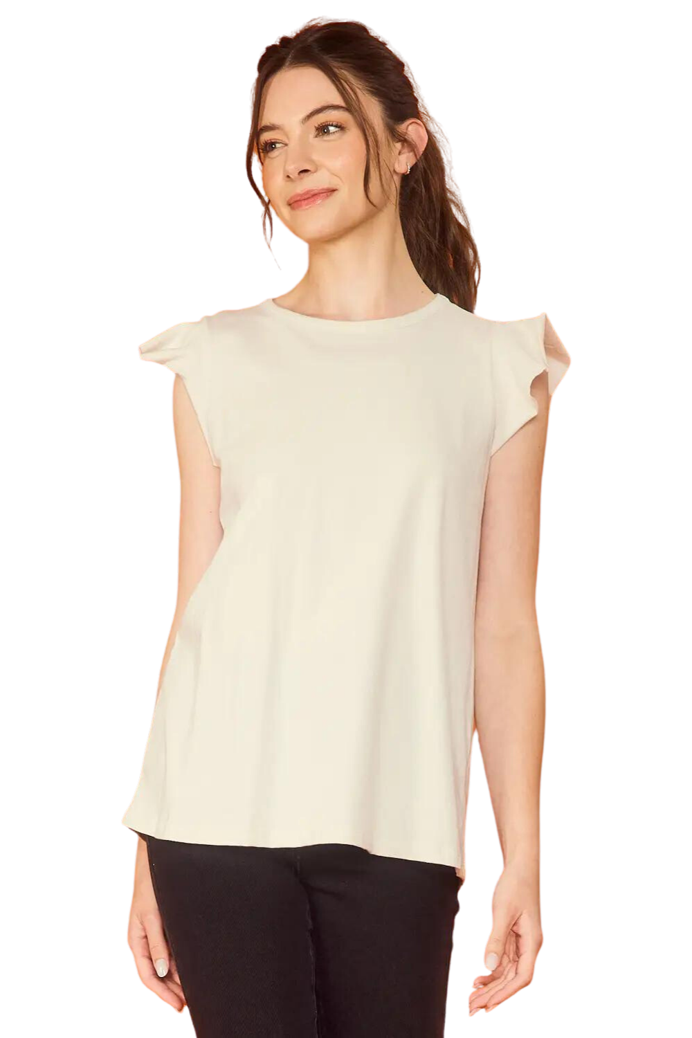 Washed Cotton Jersey Knit Top with Ruffle Cap Sleeves