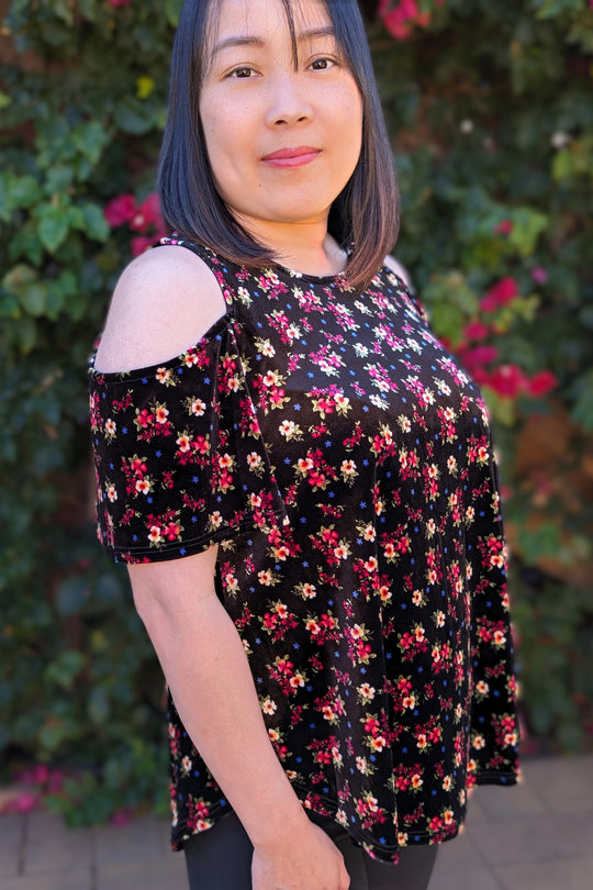 Cold Shoulder Velvet Floral Top