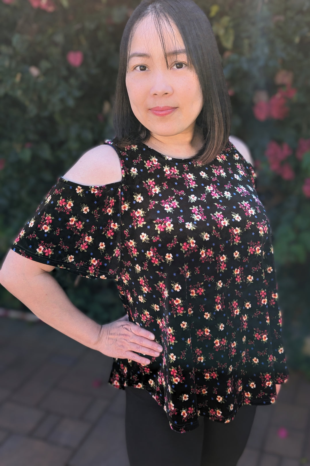 Cold Shoulder Velvet Floral Top