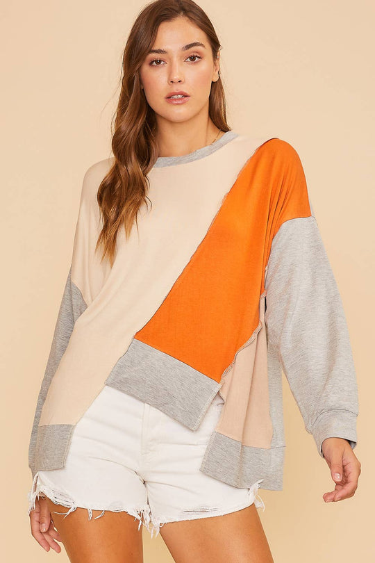 Color Block Outstitching Loose Fit Soft Knit Sweater Top