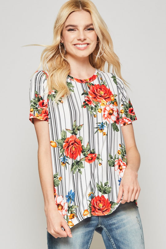 Comfort Top in Floral Prints Baby Suede Ivory or Navy Stripe