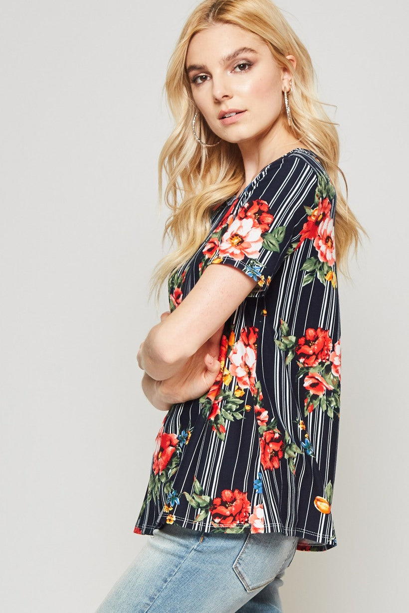 Comfort Top in Floral Prints Baby Suede Ivory or Navy Stripe