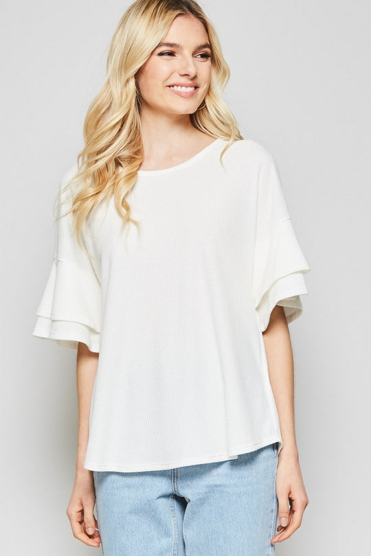 Two Tiered Ruffle Sleeve Waffle Knit Top Last Ones!