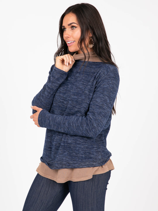 Cross Over Sweater in Hacci Navy Heathered Two Tone