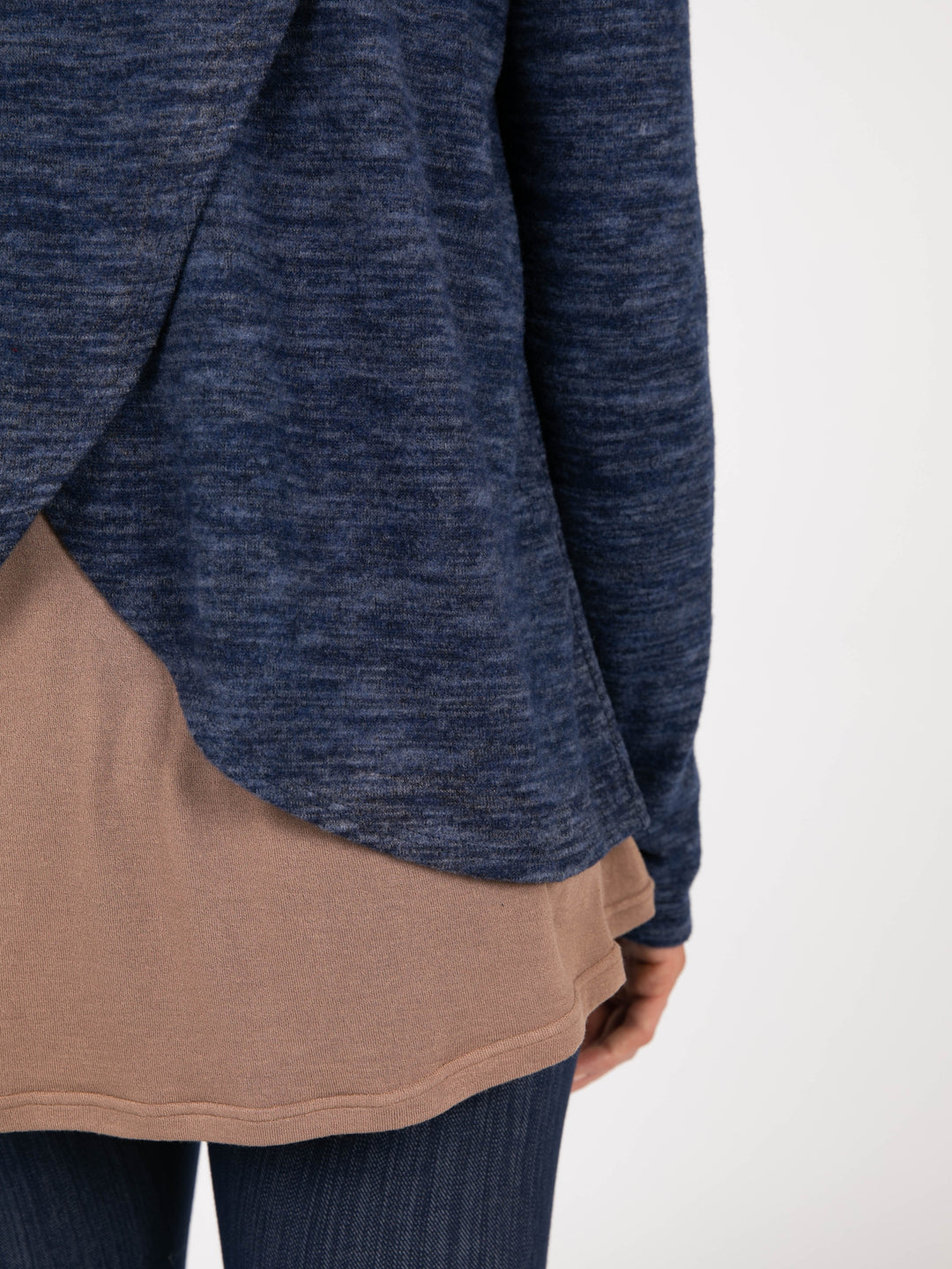 Cross Over Sweater in Hacci Navy Heathered Two Tone