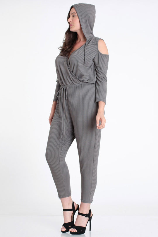 Hoodie Cold Shoulder Jumpsuit in Gray Last Ones!