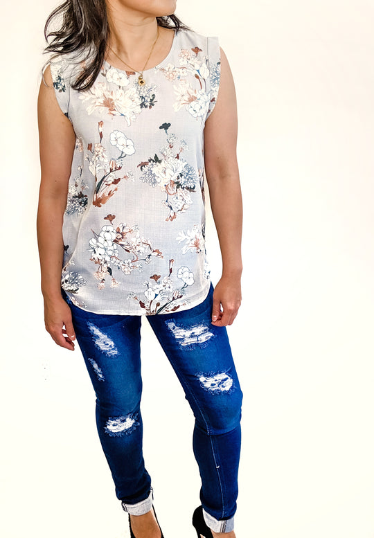 Blouse Tank Floral Print Dusty Blue Last ones!