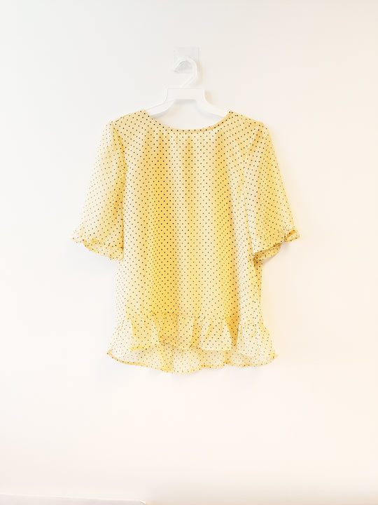 Blouse Top Elbow Sleeve Yellow Black Polka Dot