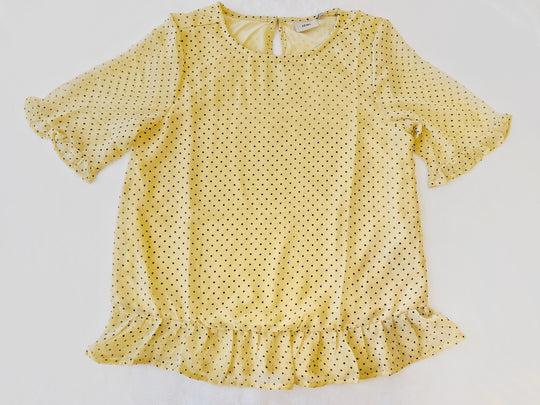 Blouse Top Elbow Sleeve Yellow Black Polka Dot