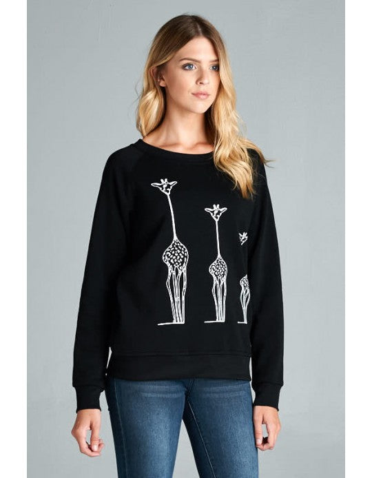 Giraffes Top Black Long Sleeve Pullover