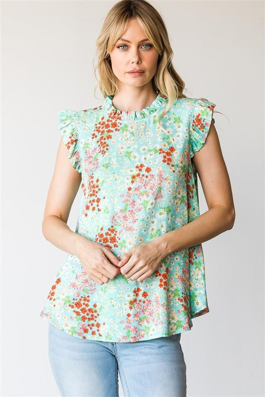 Relaxed Ruffle Tank Floral in Sage