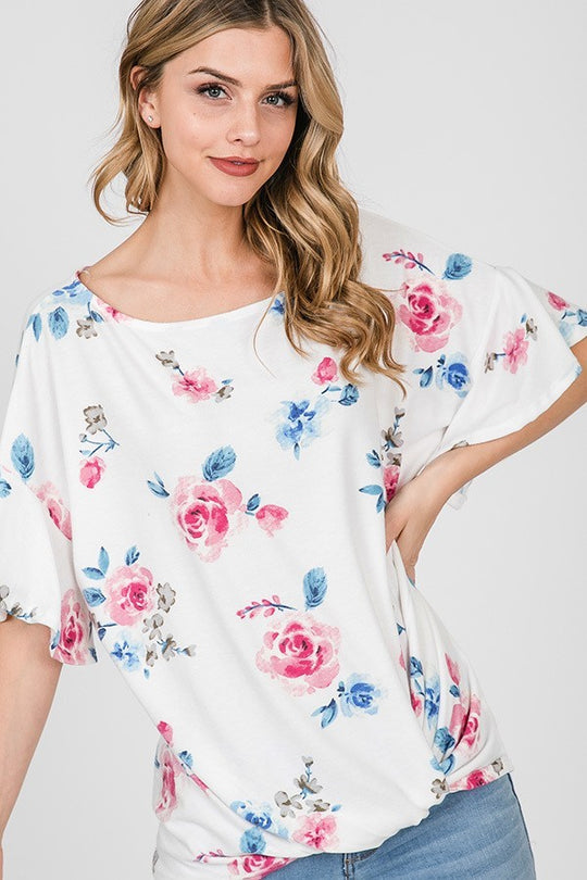 Ruffle Sleeve Top Floral Twisted Knot