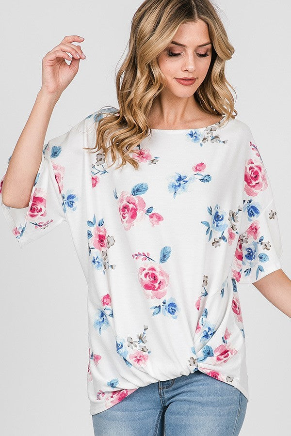 Ruffle Sleeve Top Floral Twisted Knot