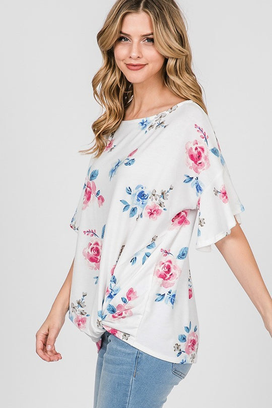 Ruffle Sleeve Top Floral Twisted Knot