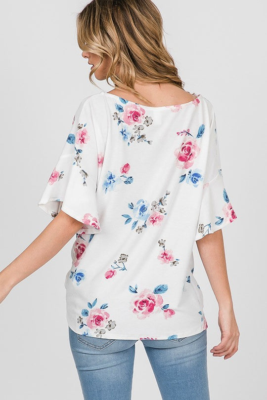 Ruffle Sleeve Top Floral Twisted Knot
