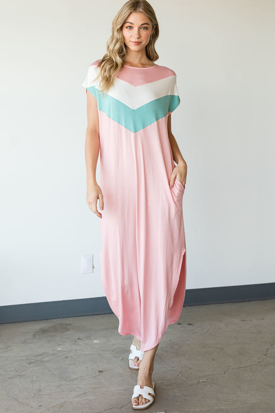 Dolman Color block Maxi Dress in Pink