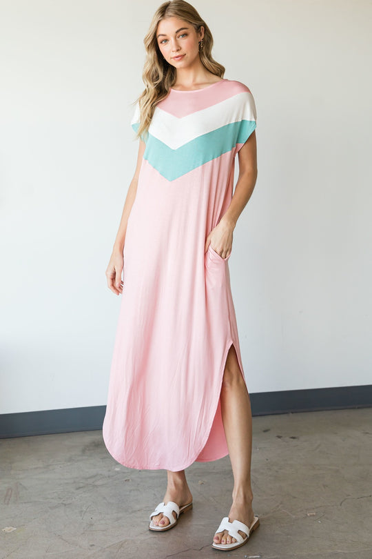 Dolman Color block Maxi Dress in Pink