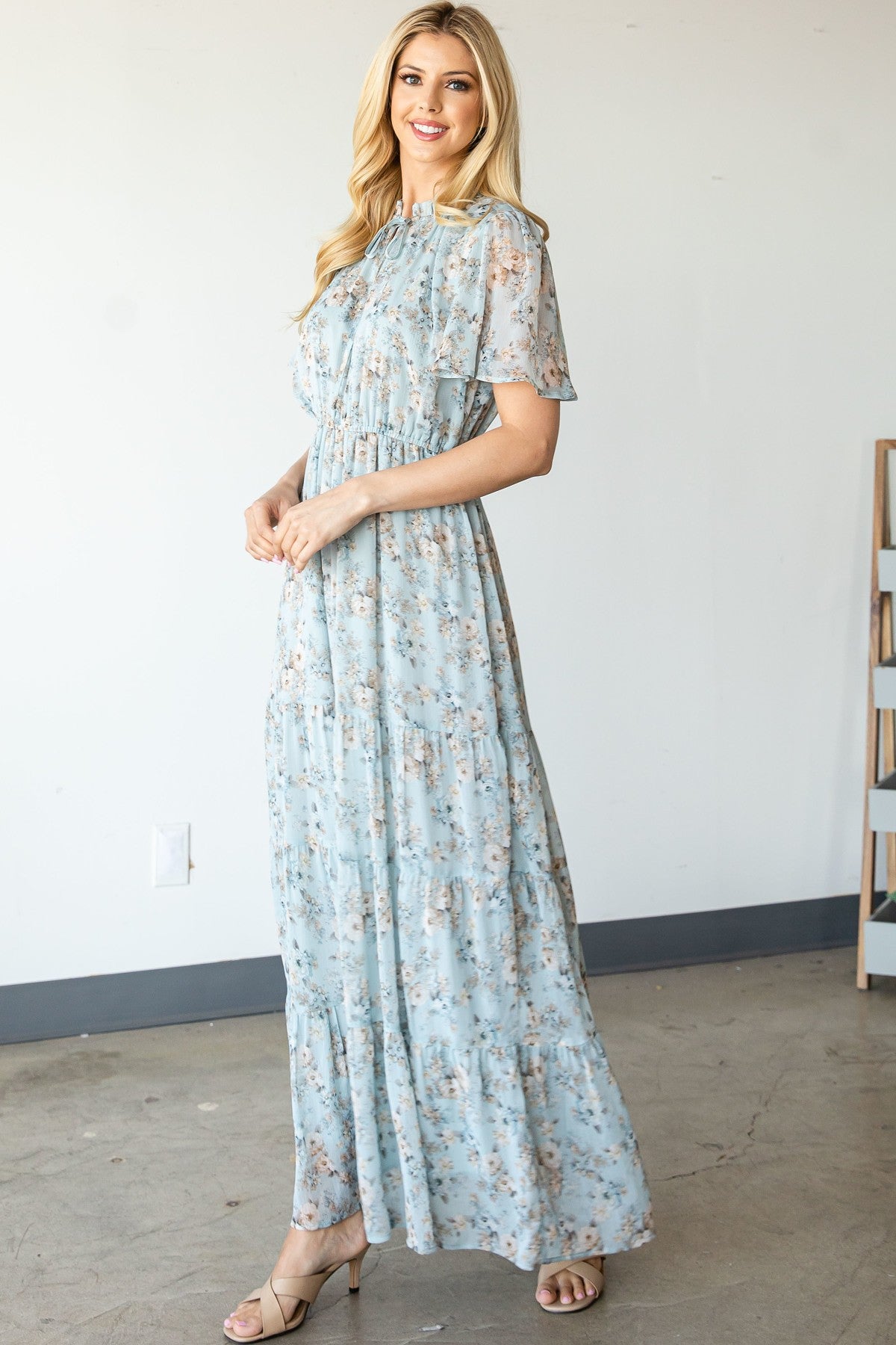 Vintage Floral Maxi Dress in Light Blue