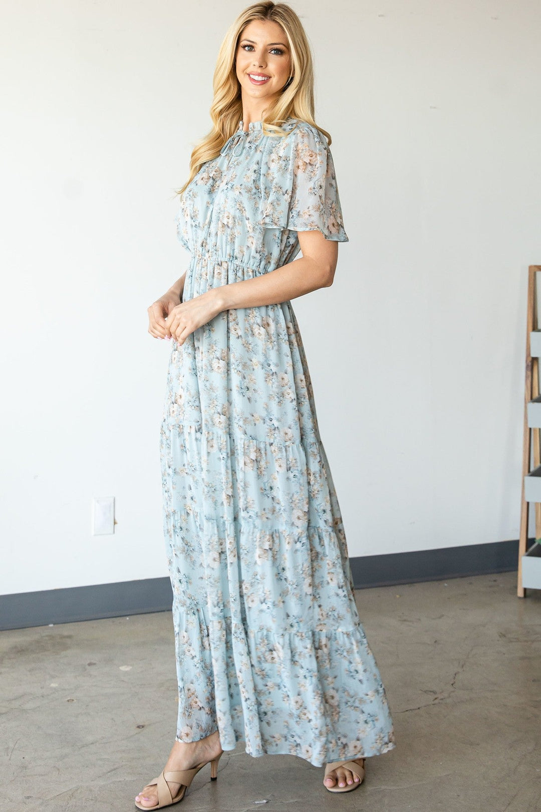 Vintage Floral Maxi Dress in Light Blue