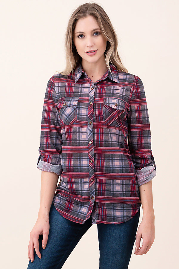 Pocket Plaid Button Down Shirt Long Sleeve in Berry small medium large last ones!