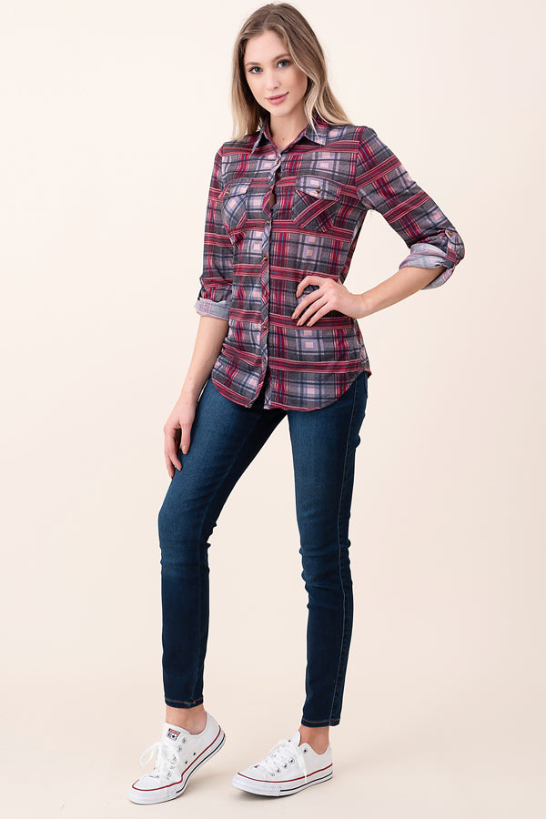 Pocket Plaid Button Down Shirt Long Sleeve in Berry small medium large last ones!