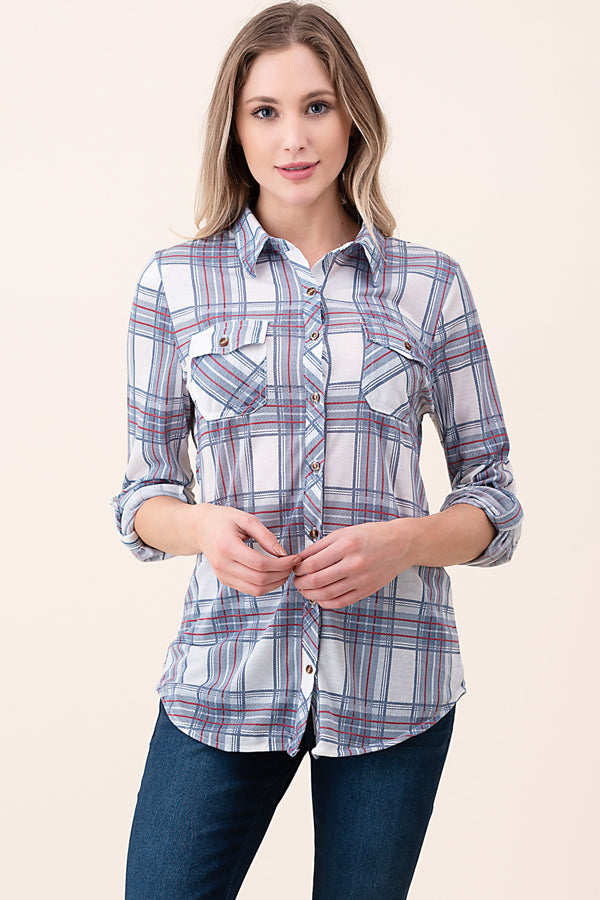 Pocket Plaid Button Down Shirt Long Sleeve in Vintage Blue Last ones!