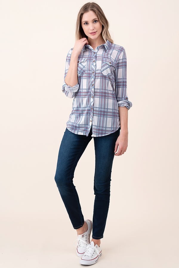 Pocket Plaid Button Down Shirt Long Sleeve in Vintage Blue Last ones!