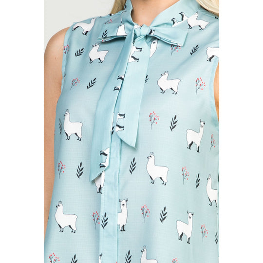 Collar and Tie Blouse Tank Top Llama Print