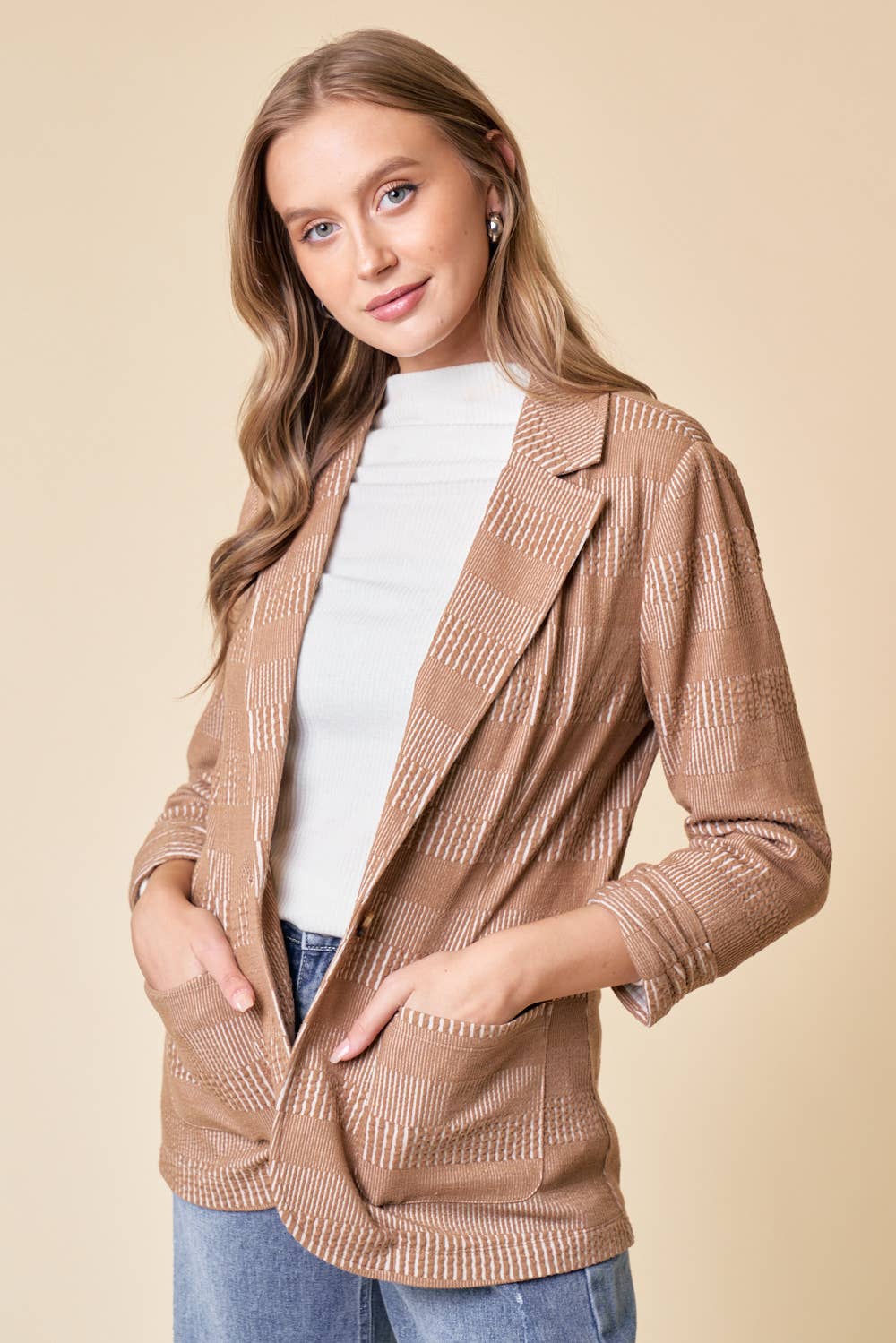 Shirred Sleeve Textured Blazer