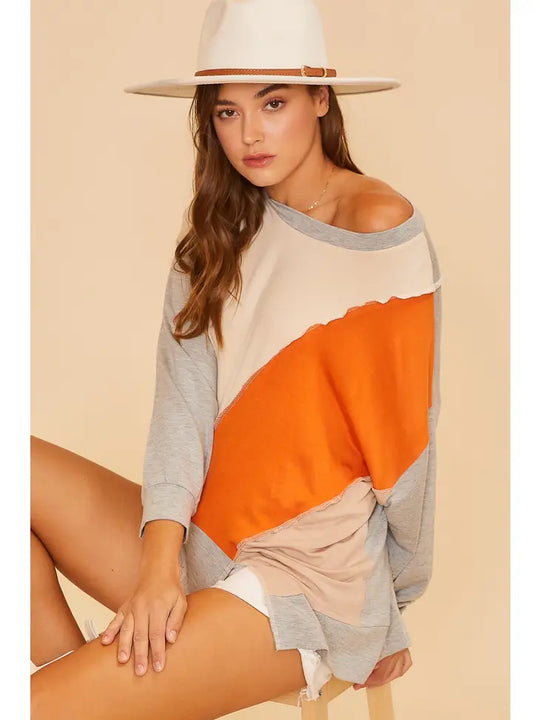 Color Block Outstitching Loose Fit Soft Knit Sweater Top