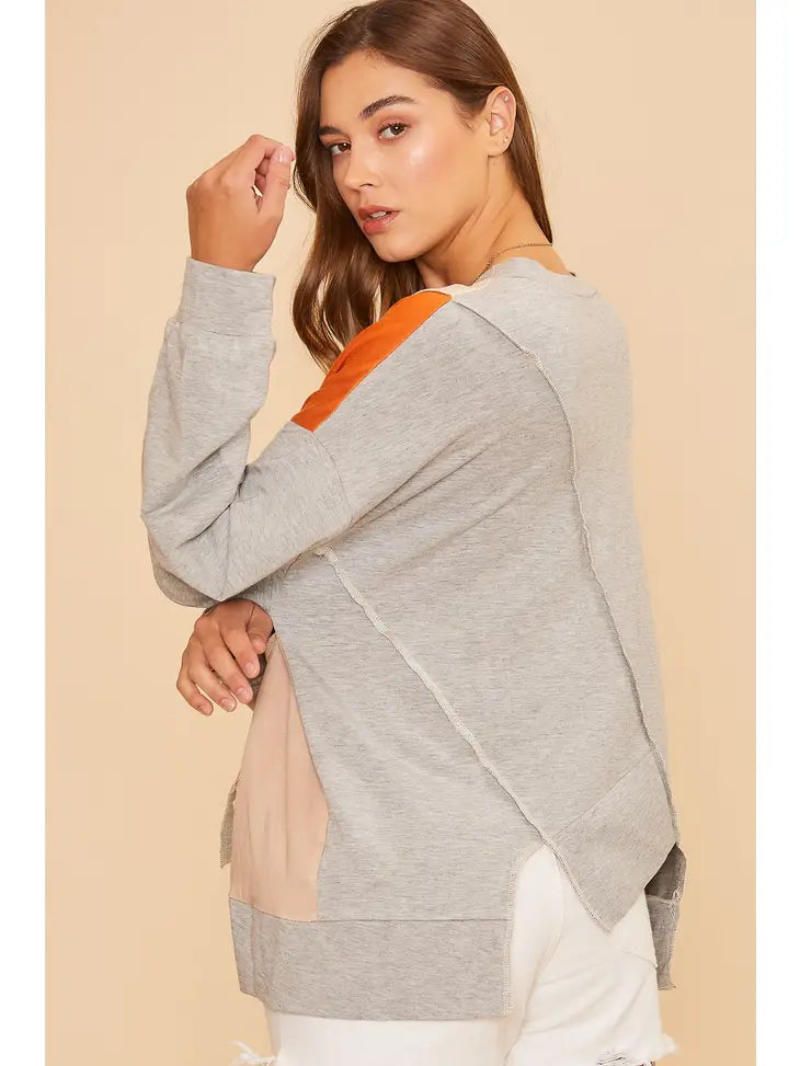 Color Block Outstitching Loose Fit Soft Knit Sweater Top