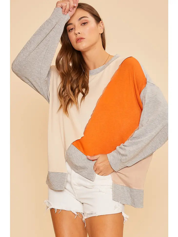 Color Block Outstitching Loose Fit Soft Knit Sweater Top