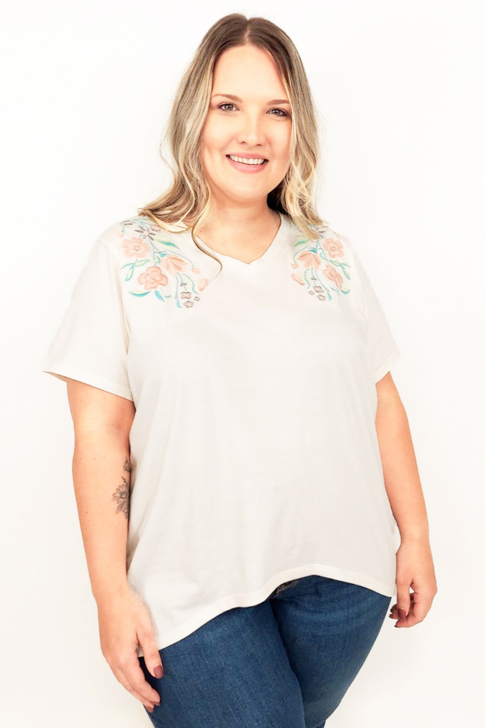 Jade Embroidered Shoulder V-neck Hi-lo Tee