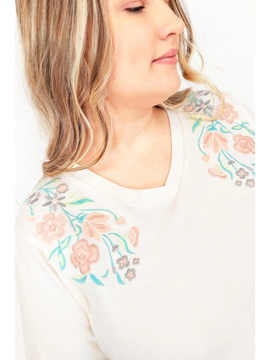 Jade Embroidered Shoulder V-neck Hi-lo Tee