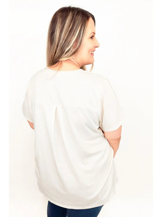 Jade Embroidered Shoulder V-neck Hi-lo Tee