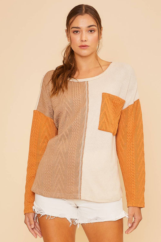 Color Block Round Neck Longsleeve Waffle Sweater Top