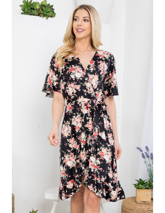 Black Floral Faux Tie Wrap Dress