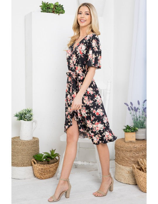 Black Floral Faux Tie Wrap Dress