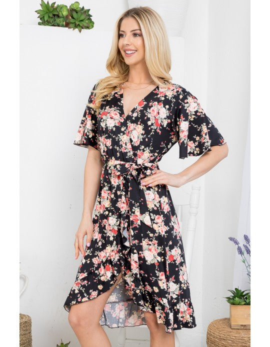 Black Floral Faux Tie Wrap Dress