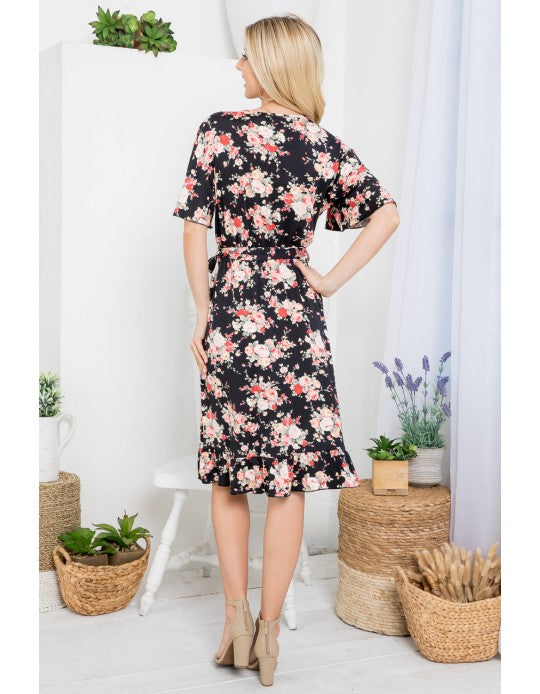 Black Floral Faux Tie Wrap Dress