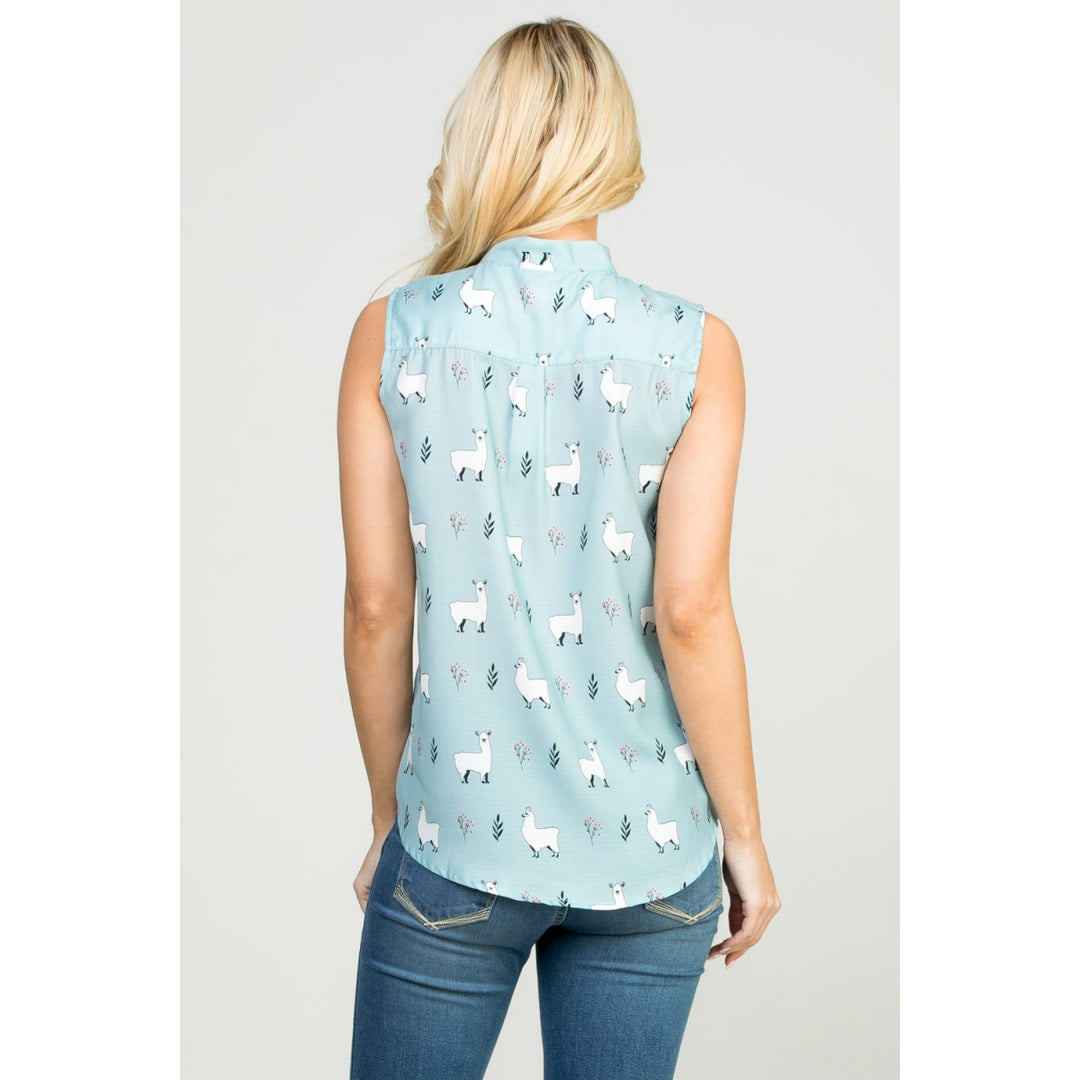 Collar and Tie Blouse Tank Top Llama Print