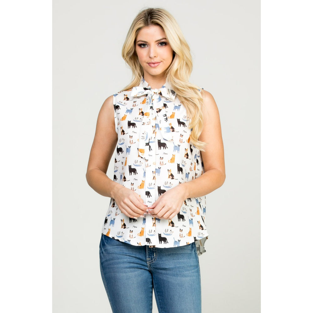 Cat Print Button Down Shirt Blouse Sleeveless Tank Top - Best Sellers!