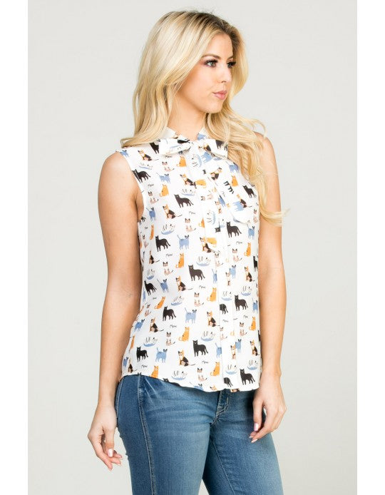 Cat Print Button Down Shirt Blouse Sleeveless Tank Top - Best Sellers!