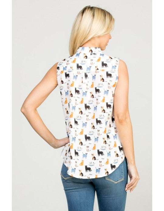 Cat Print Button Down Shirt Blouse Sleeveless Tank Top - Best Sellers!