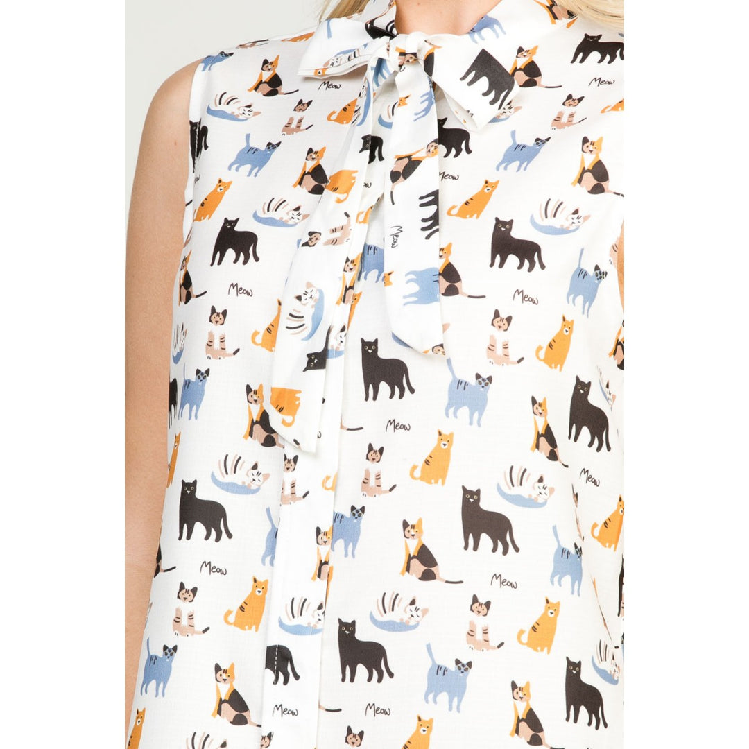 Cat Print Button Down Shirt Blouse Sleeveless Tank Top - Best Sellers!