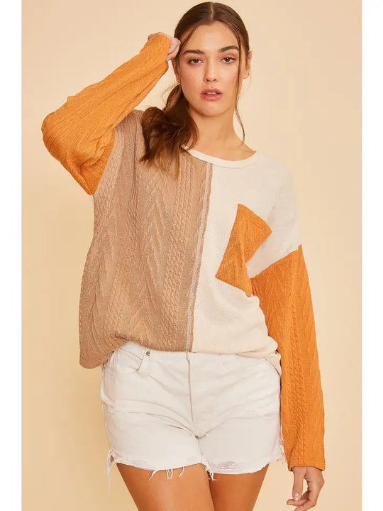 Color Block Round Neck Longsleeve Waffle Sweater Top