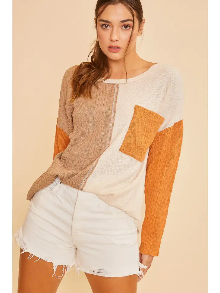 Color Block Round Neck Longsleeve Waffle Sweater Top